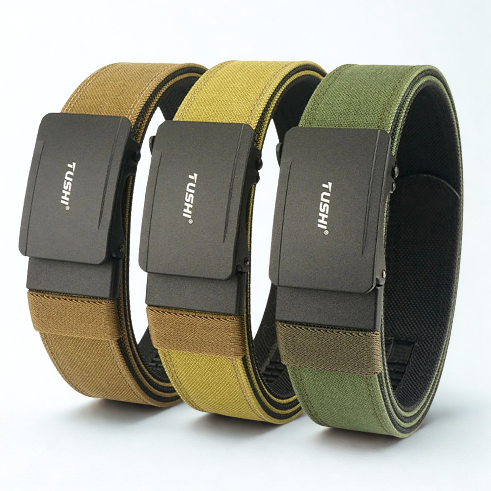 Three Tacticus® tactical belts displayed side by side in black, military brown, and olive green — showcasing their durable nylon straps and quick-release alloy buckles for outdoor and tactical use.