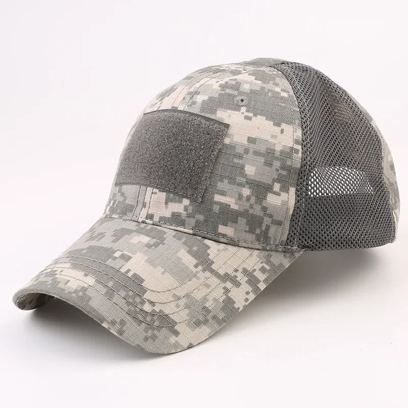 Army camouflage mesh cap with Velcro patch, featuring army camouflage front and breathable mesh back — ideal for tactical, outdoor, or military-style wear.