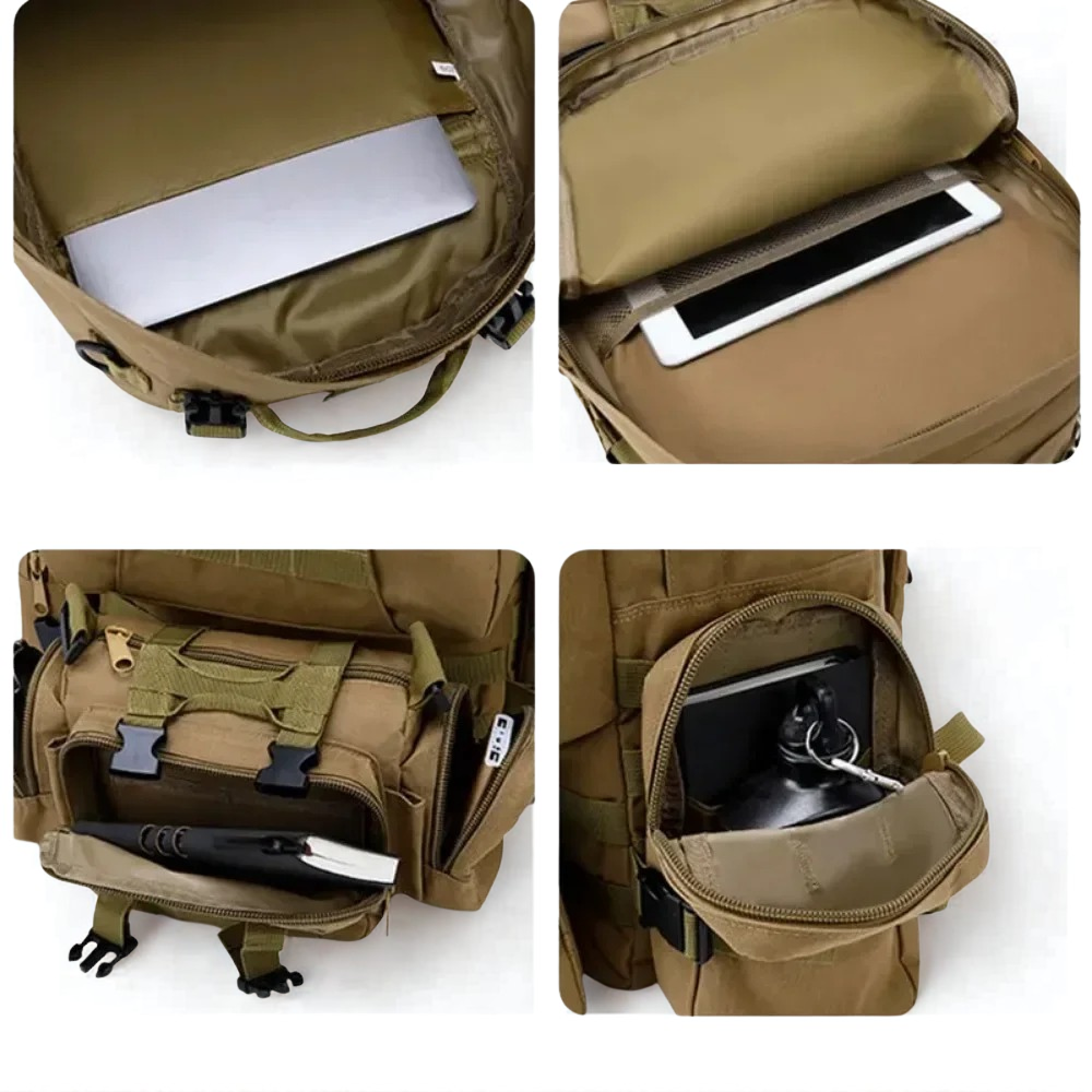 Brown camping backpack with multiple compartments, designed to hold a laptop, books, iPad, and other essentials. Ideal for outdoor use and travel.