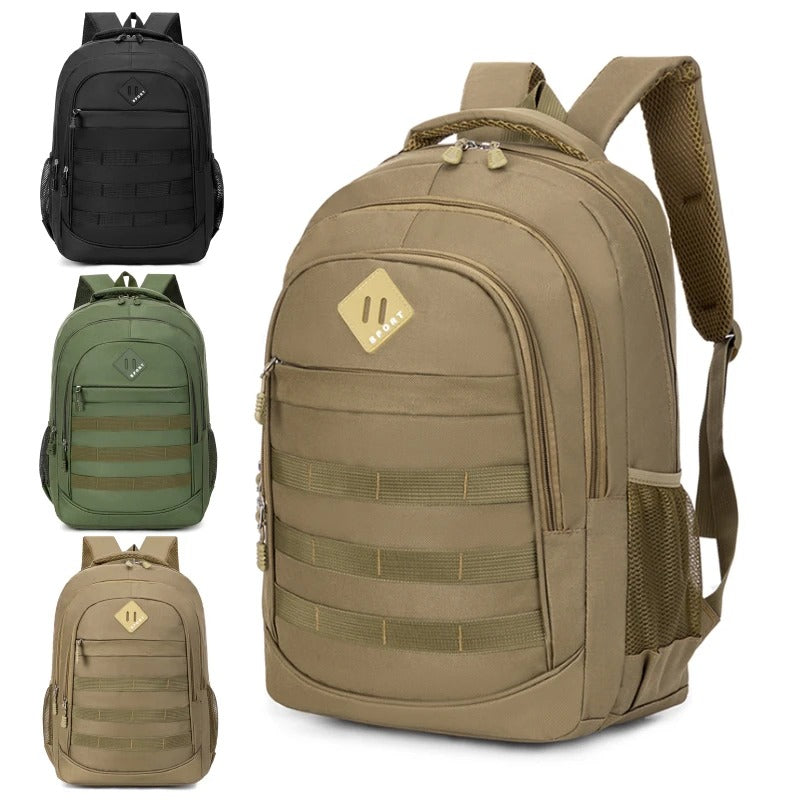 Three tactical hiking backpacks from Tacticus® Shop in brown, olive green, and black — military-style design with MOLLE webbing, multiple compartments, and rugged outdoor functionality.