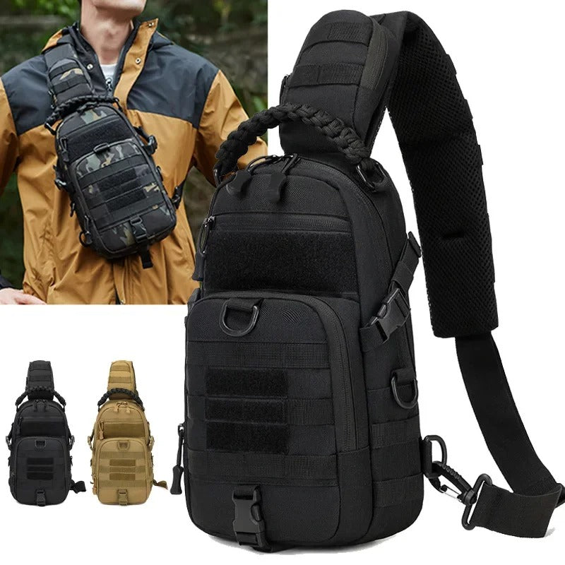 Three tactical sling bags in brown, camouflage, and black colors, displayed side by side. Each features a compact design with multiple zippered compartments and MOLLE webbing, ideal for outdoor and everyday use.