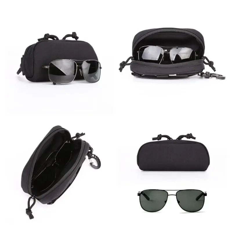 Black MOLLE tactical glasses case made of 1000D nylon, shown open with a pair of sunglasses securely placed inside.