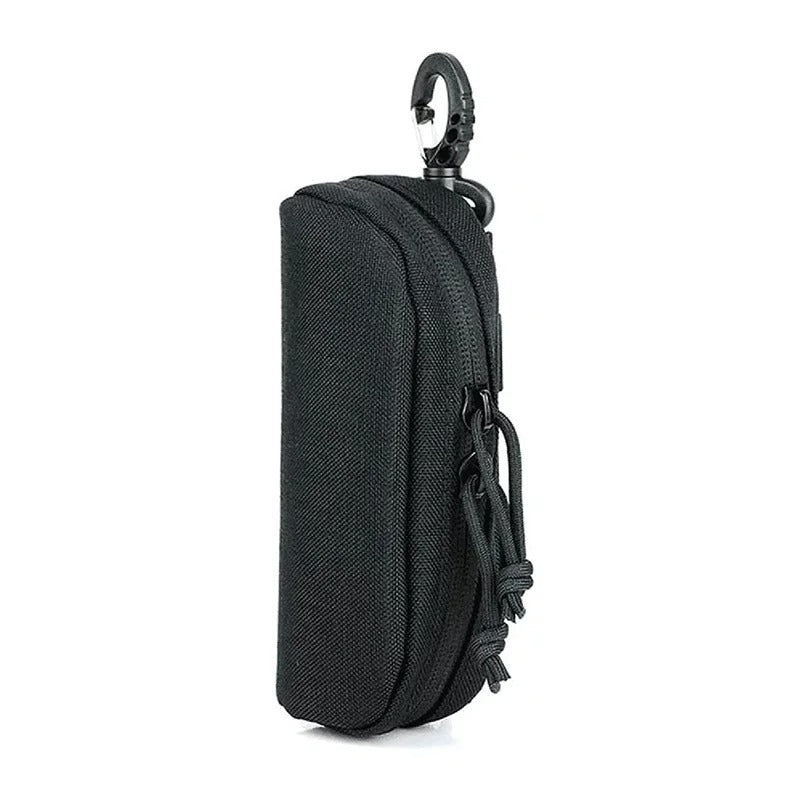Tacticus MOLLE Glasses Case in camouflage, black, and mud – tactical sunglasses pouch with durable zipper and MOLLE straps.