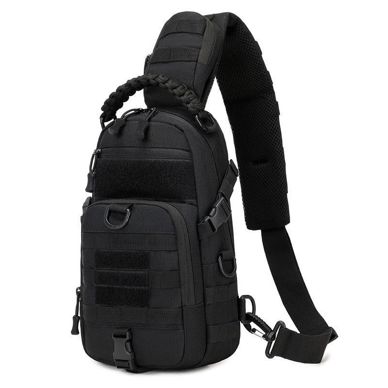 Black tactical sling bag with adjustable strap, MOLLE webbing, and multiple zippered compartments for organizing essentials. Rugged and compact design for outdoor activities or everyday carry.