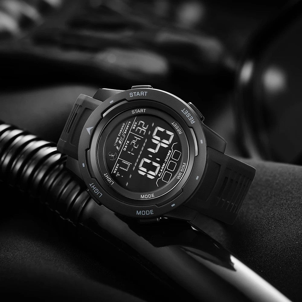 Tacticus® Sports Watch in black with bold LED display, rugged rubber strap, showing time and multifunctional features.