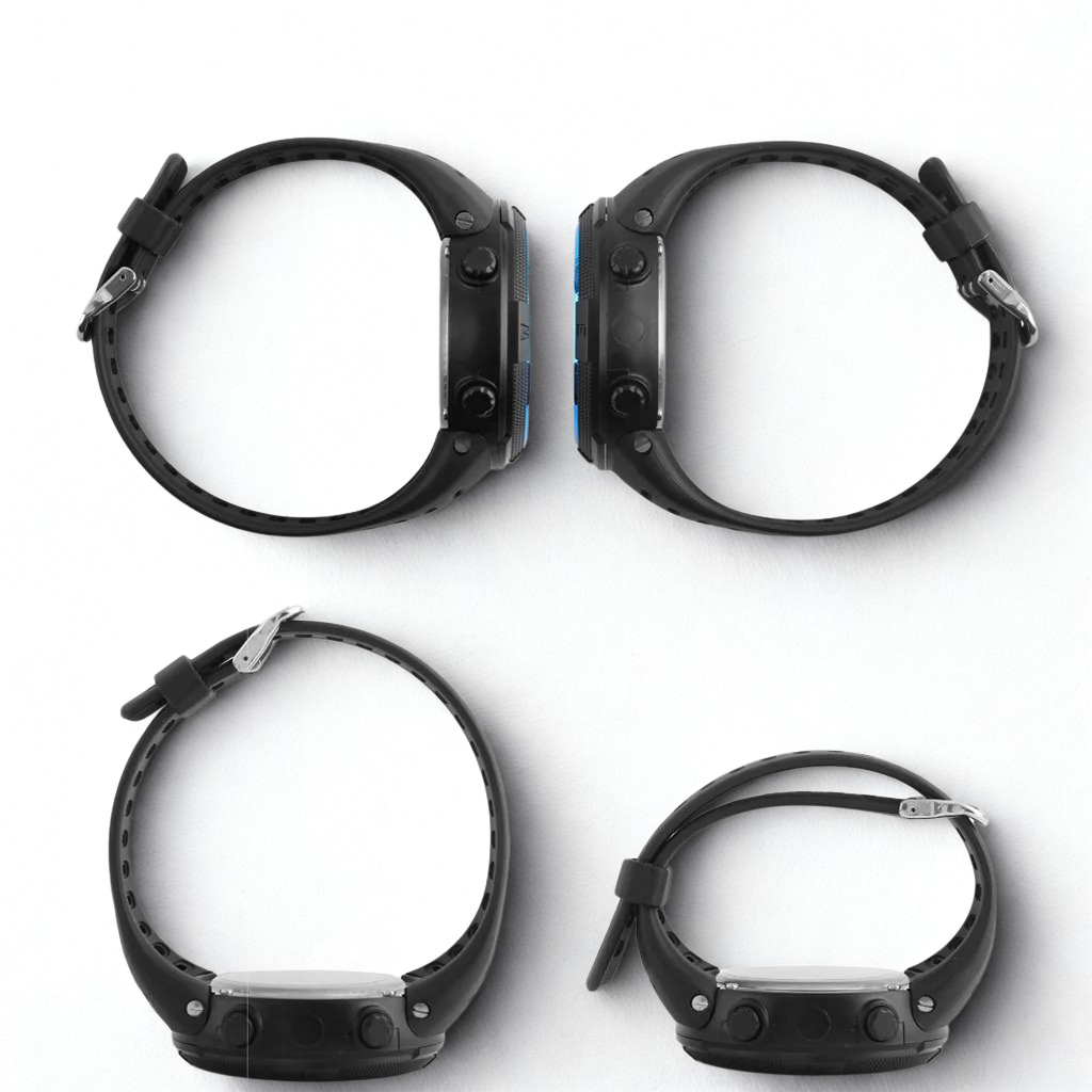 Black tactical digital watch shown from multiple angles, displaying side views to highlight its rugged build, buckle, and durable strap design.