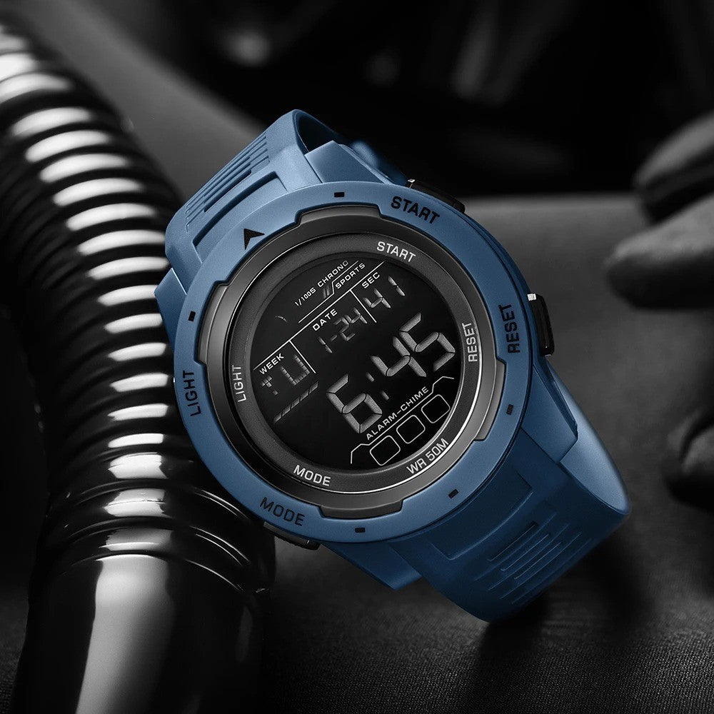 Dark blue sports watch featuring a sharp LED screen, tough rubber strap, stopwatch, alarm, and 50M water resistance.