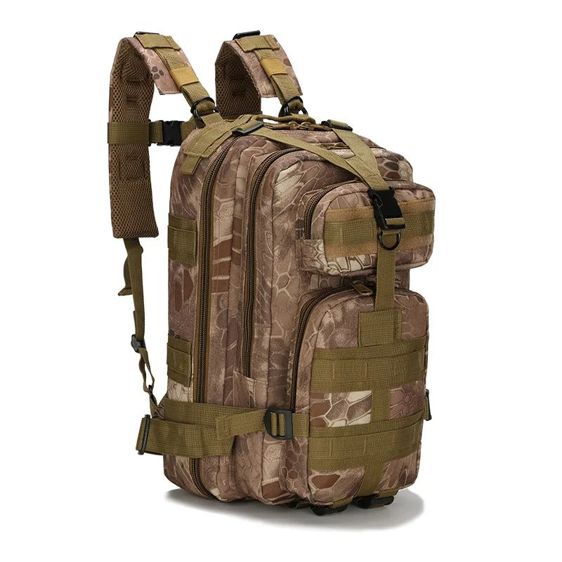 Brown and green tactical backpack with multiple compartments, MOLLE system, adjustable shoulder straps, and sturdy construction, designed for outdoor hiking and military use.