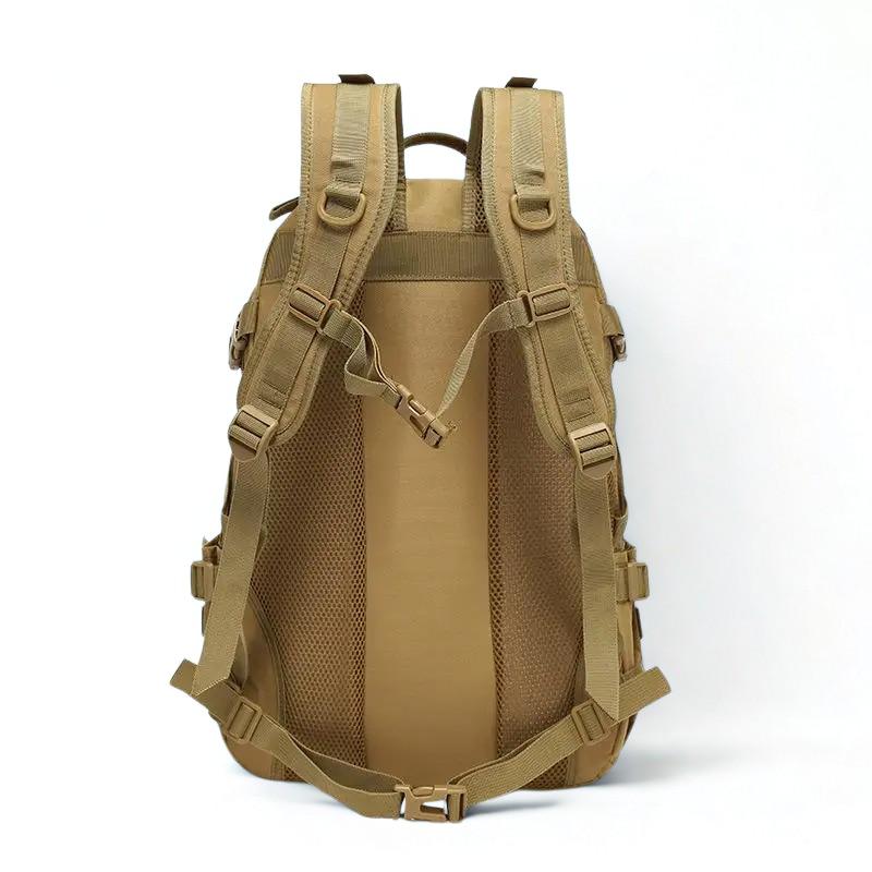 Back view of brown military backpack featuring padded shoulder straps, breathable mesh back panel, and reinforced stitching — designed for comfort and durability during long wear.