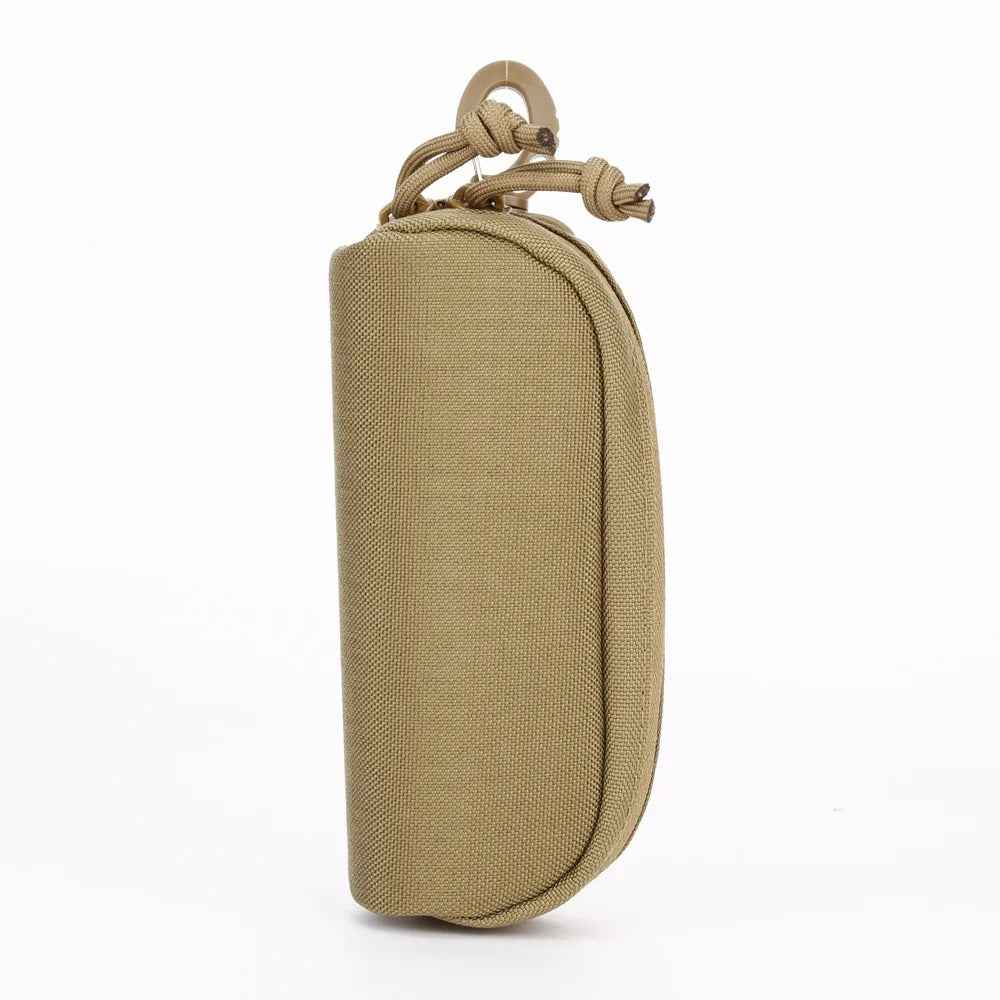 Brown MOLLE glasses case in mud color, featuring durable 1000D nylon construction, zipper closure, and tactical webbing for secure attachment.