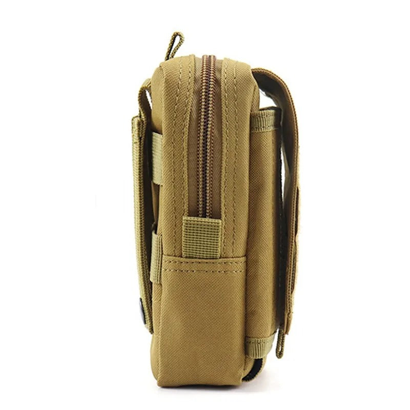 Side view of brown tactical pouch showing slim profile, MOLLE straps, and durable fabric texture — designed for versatile outdoor and tactical use.
