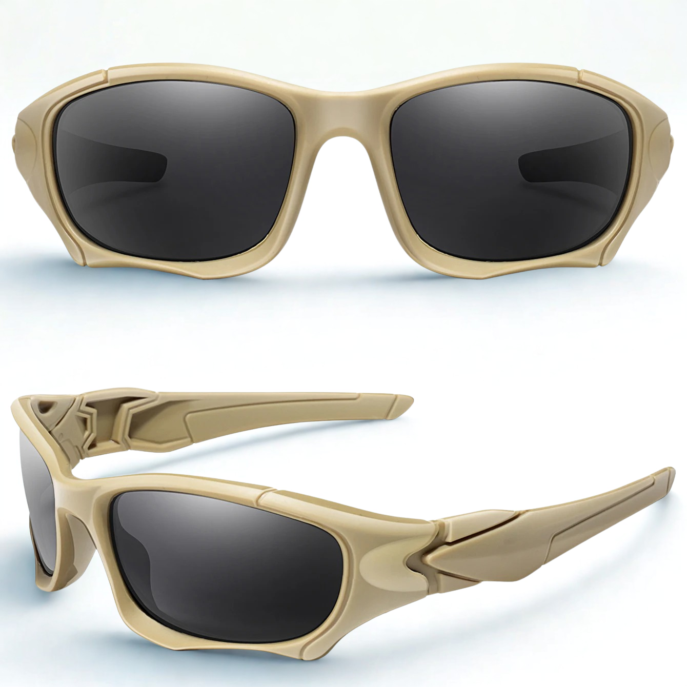 Brown tactical polarized sunglasses displayed from front and side angles, featuring a streamlined frame and glare-reducing lenses for outdoor and cycling use.