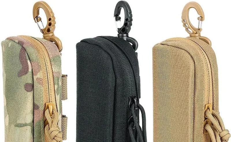 Three MOLLE tactical glasses cases in camouflage, black, and brown (mud) colors, made from durable 1000D nylon with zipper closures, displayed side by side for comparison, front view.