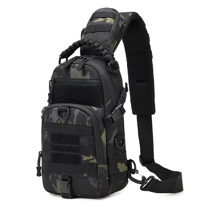 Camouflage tactical sling bag featuring MOLLE webbing, adjustable strap, and several zippered compartments. Designed for rugged outdoor activities and everyday carry.