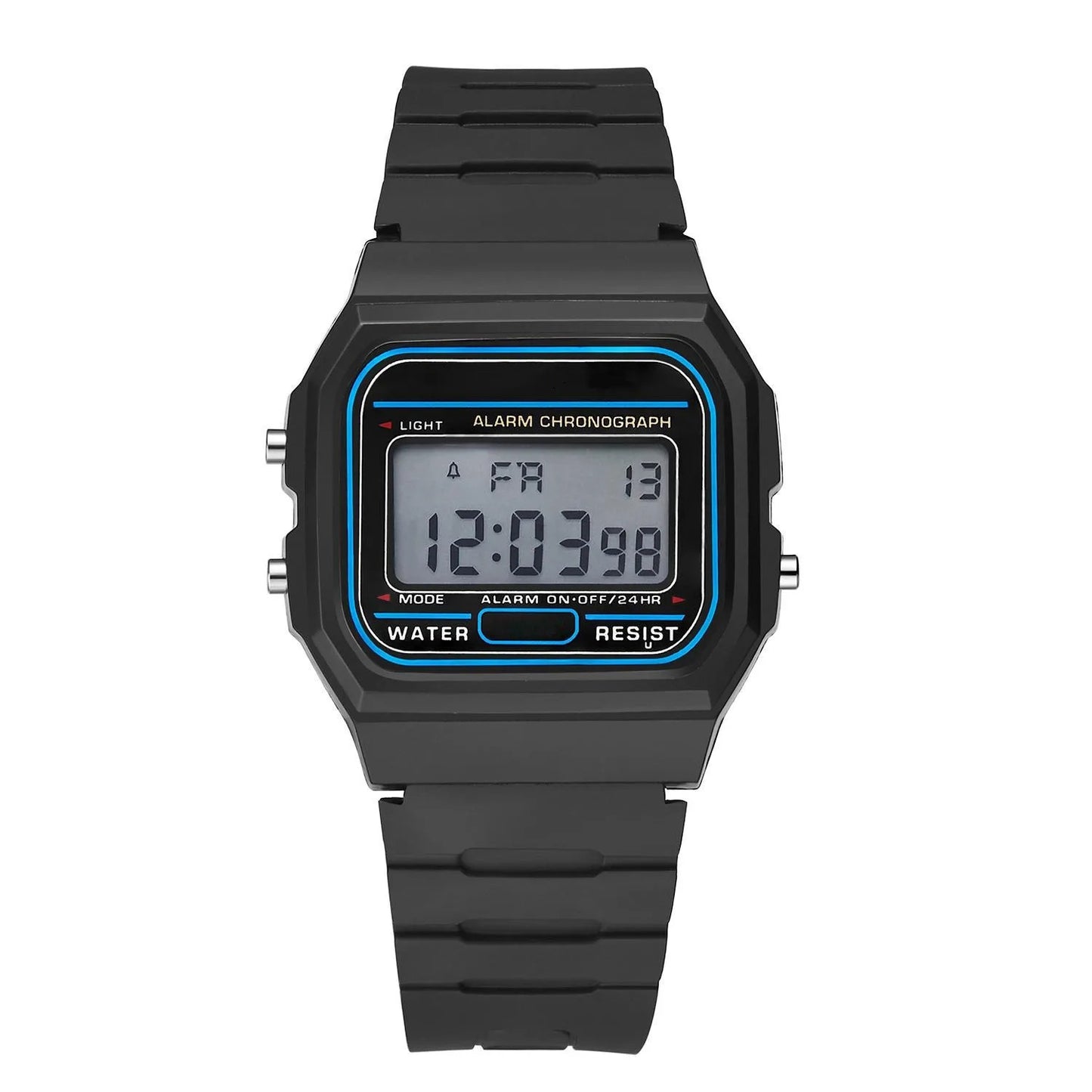 Classic black digital sports watch with rectangular display, showing time, date, and alarm status.