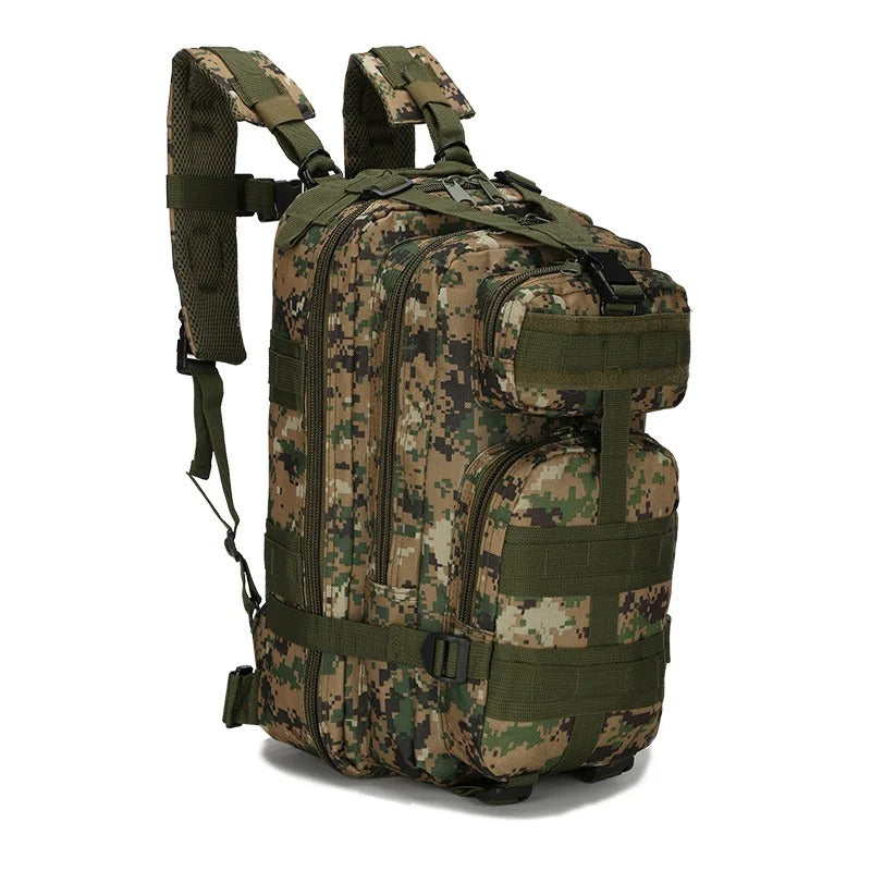 Digital camouflage green tactical backpack with multiple compartments, MOLLE system, adjustable shoulder straps, and sturdy construction, designed for outdoor hiking and military use.