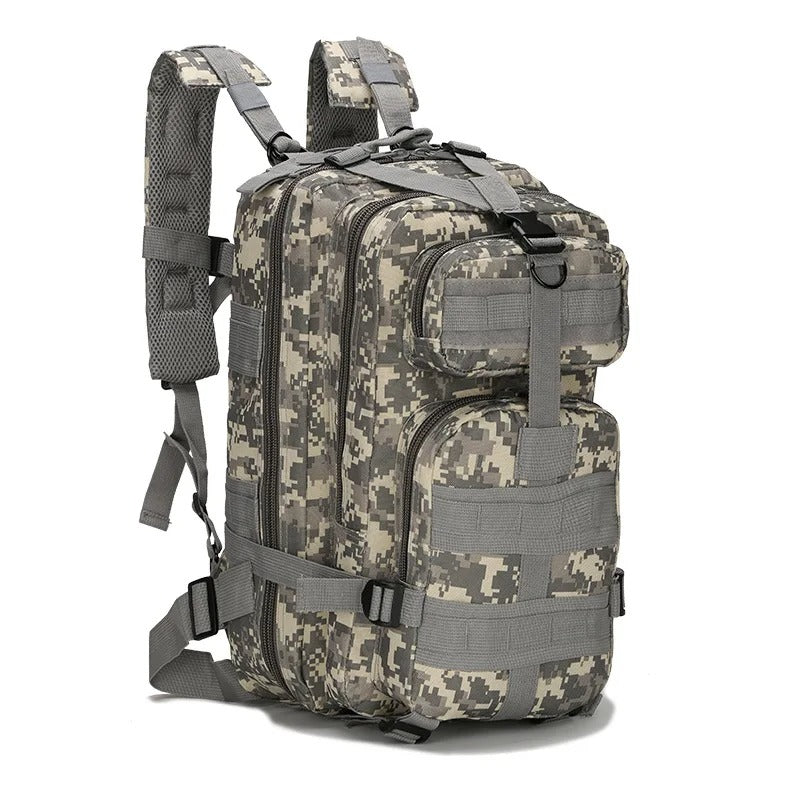 Digital camouflage tactical backpack with multiple compartments, MOLLE system, adjustable shoulder straps, and sturdy construction, designed for outdoor hiking and military use.
