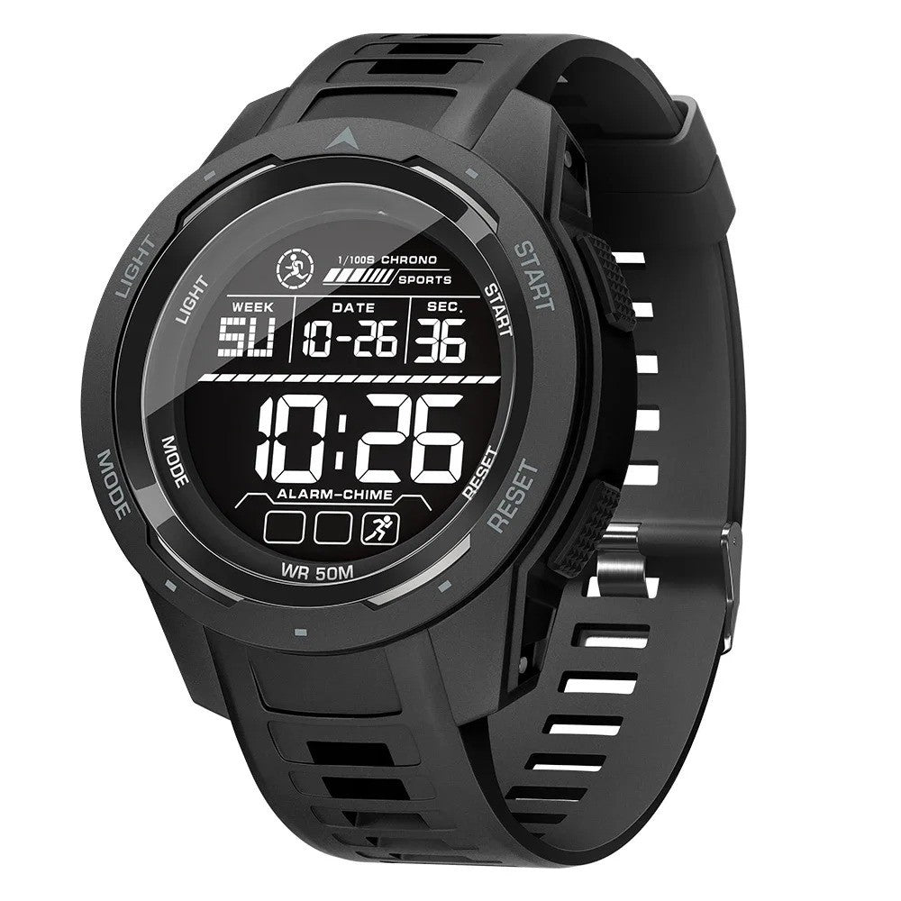 Black waterproof digital sports watch for men with LED backlight, stopwatch function, and 50m water resistance.