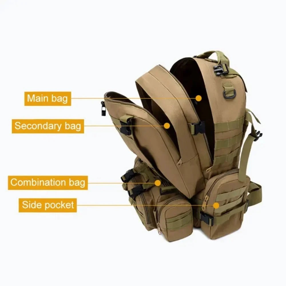 Camping backpack with labeled compartments: main bag, secondary bag, combination bag, and side pocket — designed for organized storage and functionality during outdoor adventures.