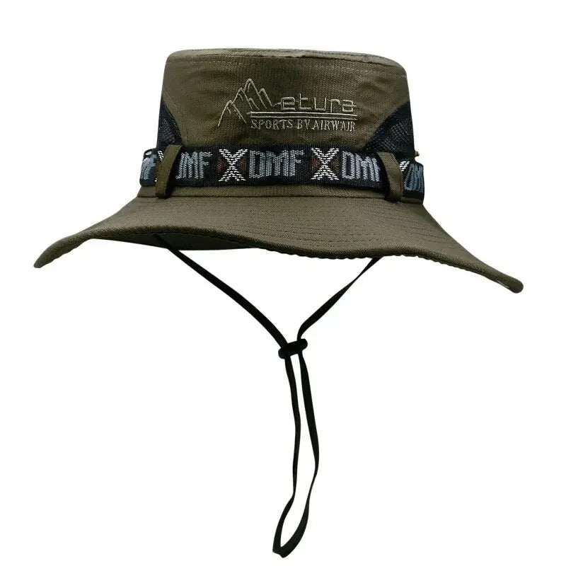 Olive green wide-brim safari hat with mesh side panels, adjustable chin strap, and decorative band — ideal for outdoor, hiking, and tactical use.