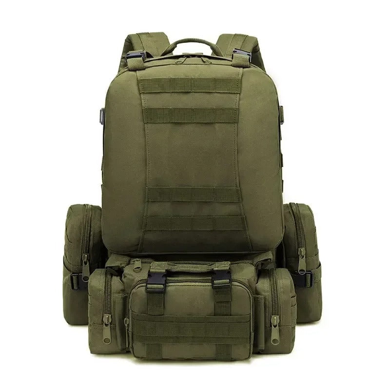 Olive green military-style camping backpack featuring multiple compartments, including main storage, secondary section, modular combo pouch, and side pockets — built for durability and tactical use outdoors.