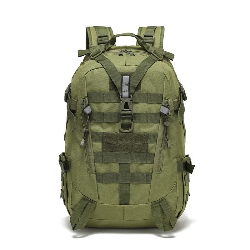 Olive green military backpack with MOLLE webbing, multiple compartments, and padded straps — ideal for outdoor adventures, tactical missions, and everyday carry.