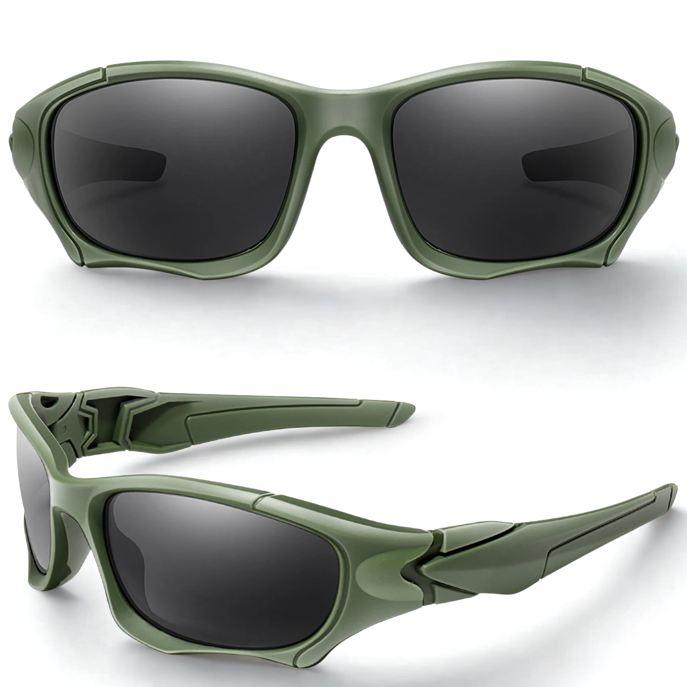 Olive green tactical polarized cycling glasses shown from both front and side angles, highlighting the wide protective lenses and lightweight wraparound frame design.