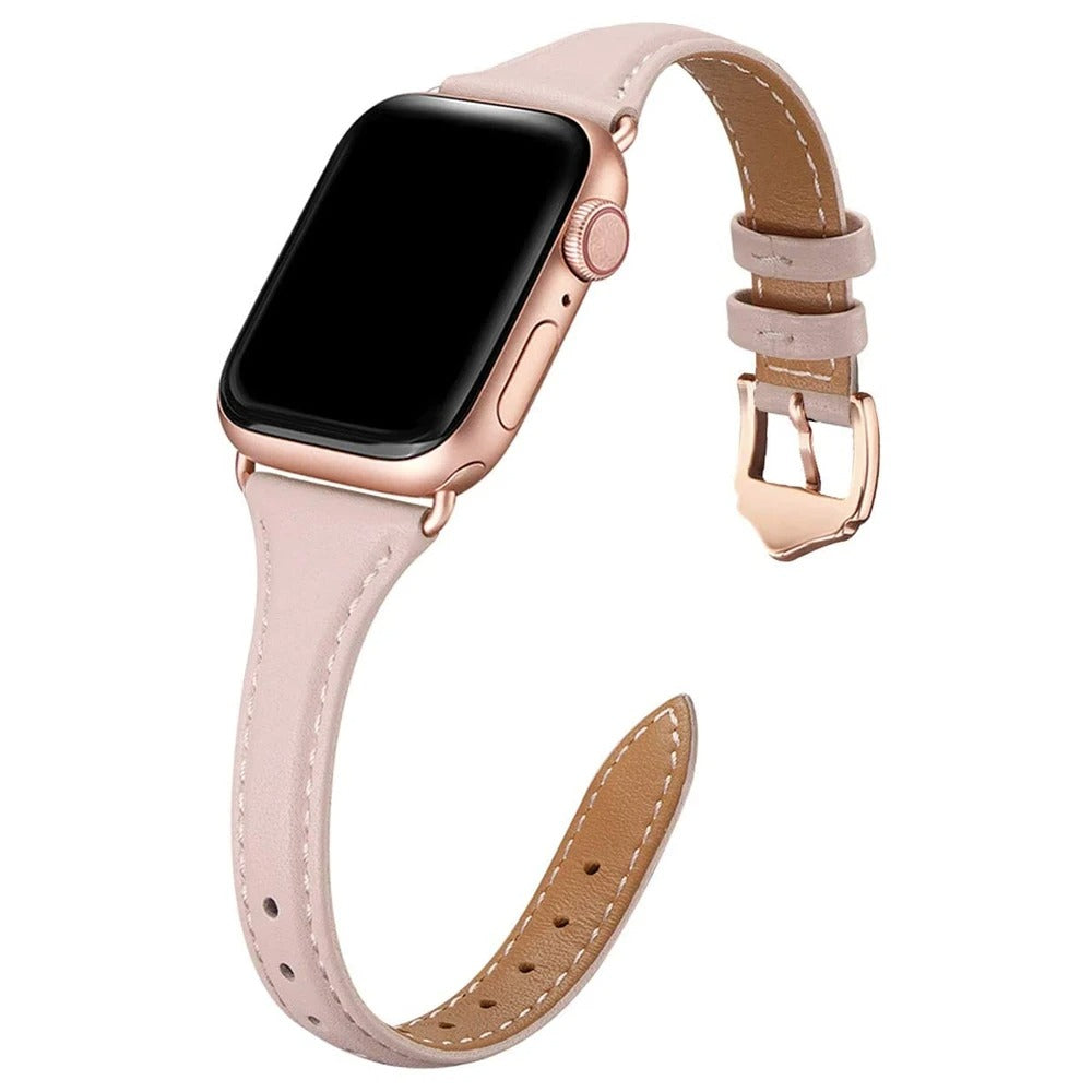 Slim pink leather Apple Watch strap with rose gold hardware and classic pin buckle.