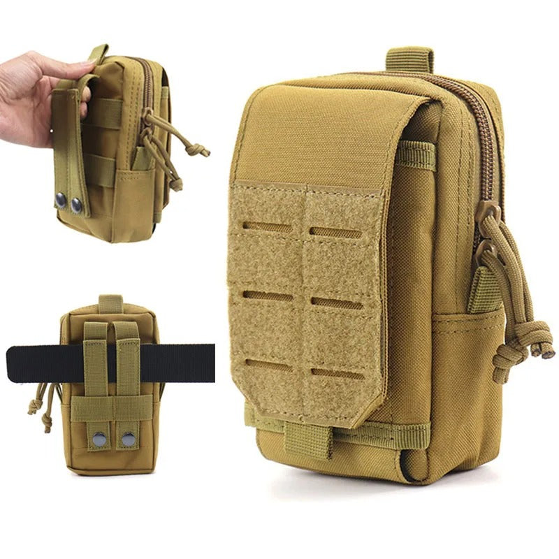 Brown tactical pouch shown from multiple angles, highlighting its compact design, durable construction, and versatile use for carrying small gear, phones, and essentials.