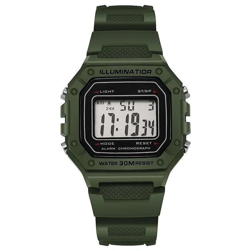 Classic olive green digital sports watch with rectangular display, showing time, date, and alarm status.