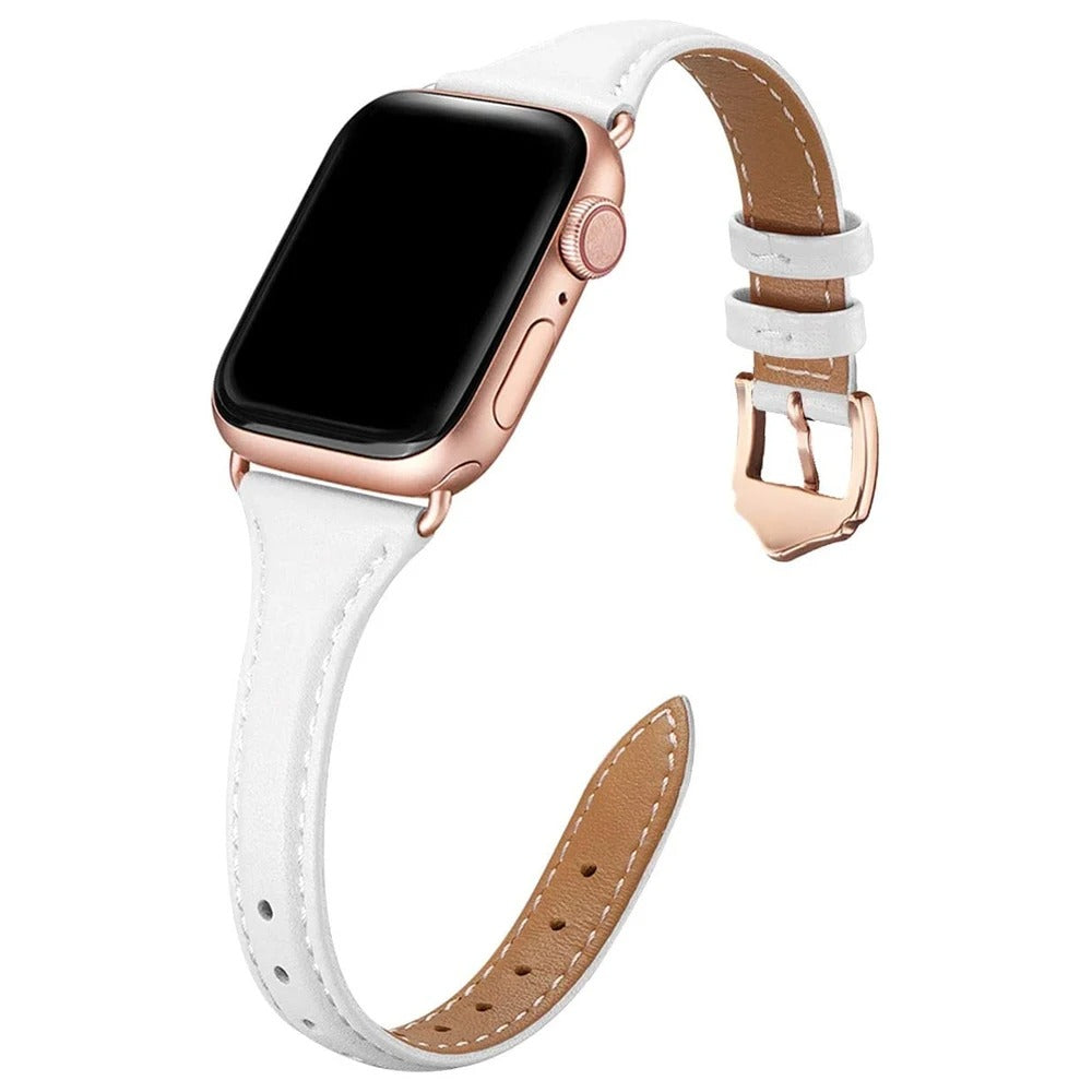 Slim white leather Apple Watch strap with rose gold hardware and classic pin buckle.