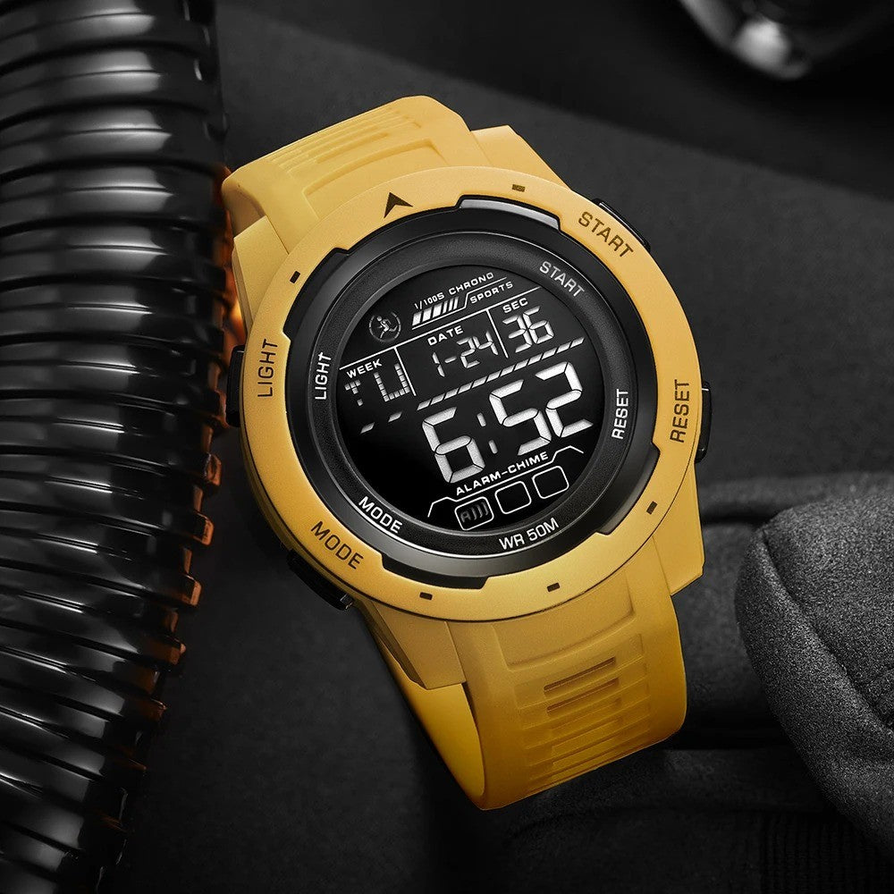 Yellow digital watch designed for men, featuring stopwatch, daily alarm, hourly chime, luminous LED light, and 50-meter waterproof rating—ideal for outdoor sports and everyday use.
