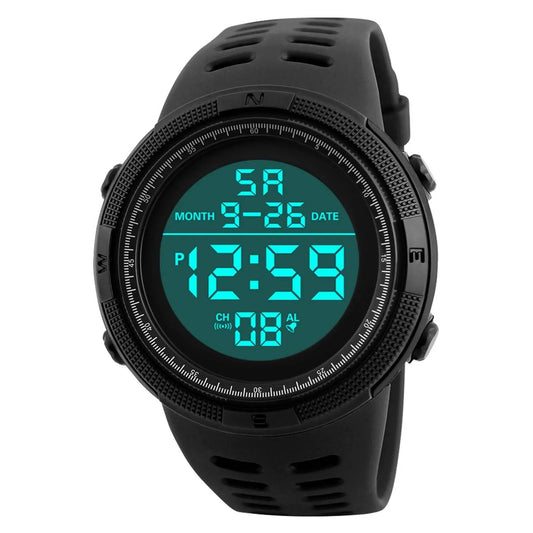 Military digital sports watch with black silicone strap, and all black multifunction display, and waterproof design.
