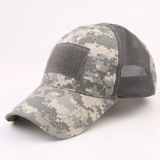 Army camouflage mesh cap with Velcro patch, featuring army camouflage front and breathable mesh back — ideal for tactical, outdoor, or military-style wear.