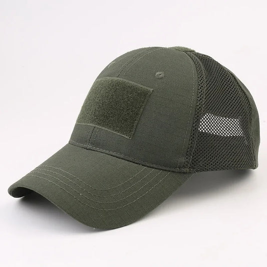 Army green mesh cap with Velcro patch, featuring green front and breathable mesh back — ideal for tactical, outdoor, or military-style wear.