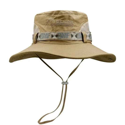 Beige wide-brim safari hat with mesh side panels, adjustable chin strap, and decorative band — ideal for outdoor, hiking, and tactical use.