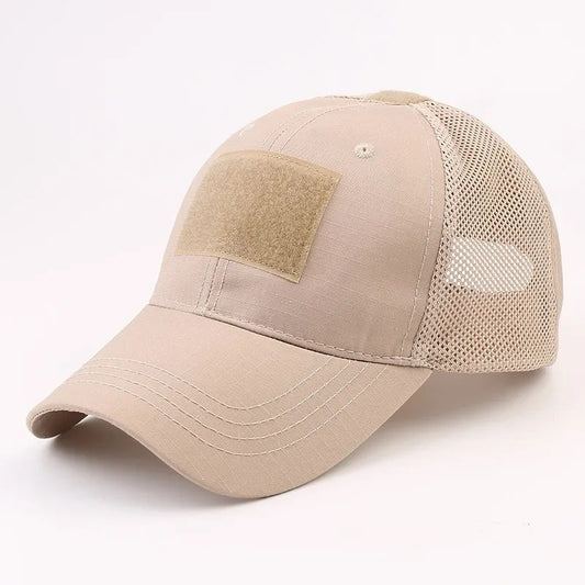 Beige mesh cap with Velcro patch, featuring beige front and breathable mesh back — ideal for tactical, outdoor, or military-style wear.