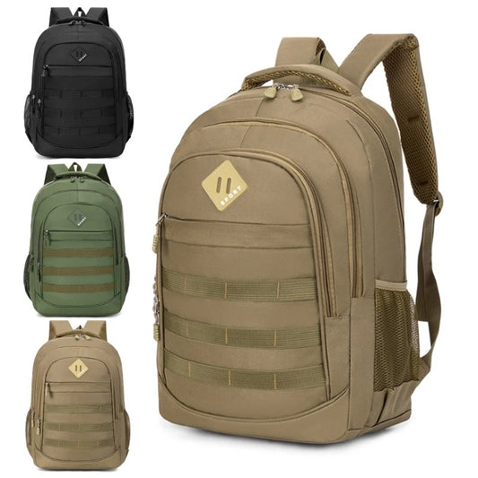 Three tactical hiking backpacks from Tacticus® Shop in brown, olive green, and black — military-style design with MOLLE webbing, multiple compartments, and rugged outdoor functionality.