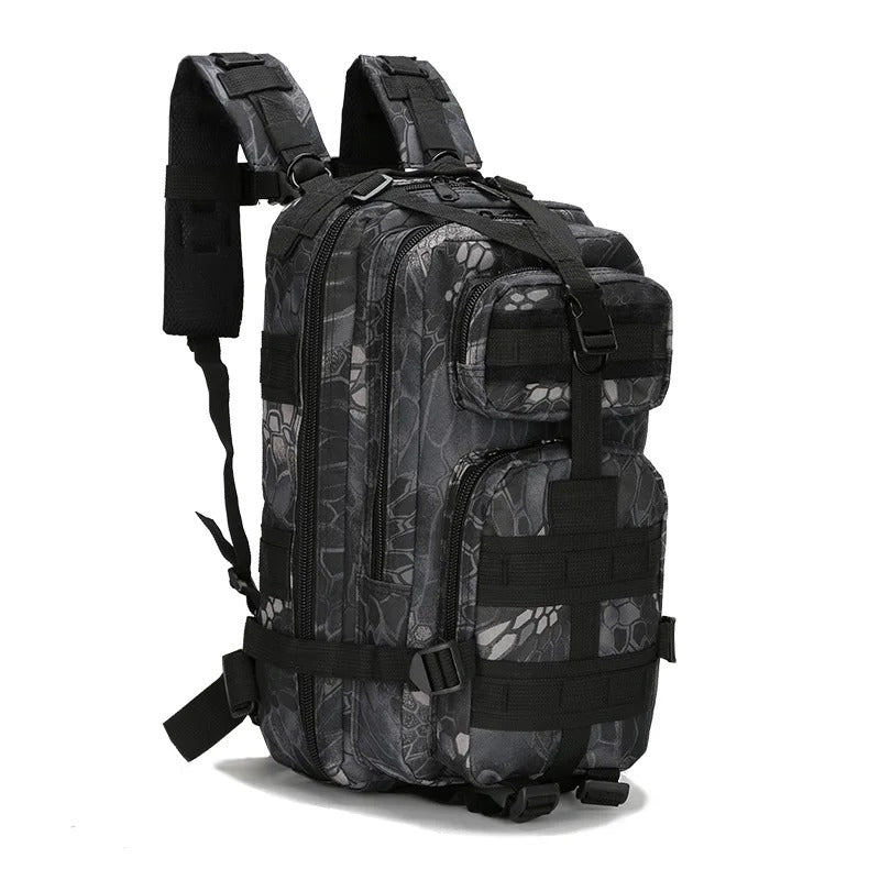 Black and gray camouflage tactical backpack with multiple compartments, MOLLE system, adjustable shoulder straps, and sturdy construction, designed for outdoor hiking and military use.