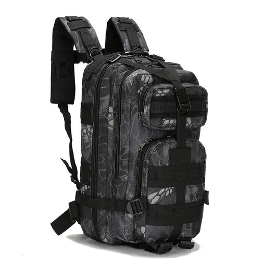 Black and gray camouflage tactical backpack with multiple compartments, MOLLE system, adjustable shoulder straps, and sturdy construction, designed for outdoor hiking and military use.