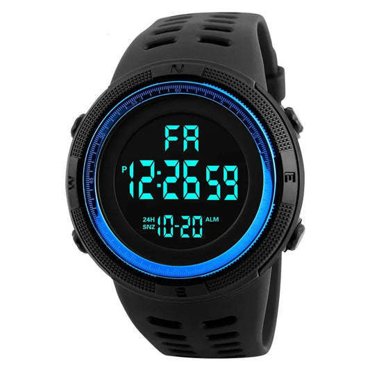 Military digital sports watch with black silicone strap, and blue, multifunction display, and waterproof design.