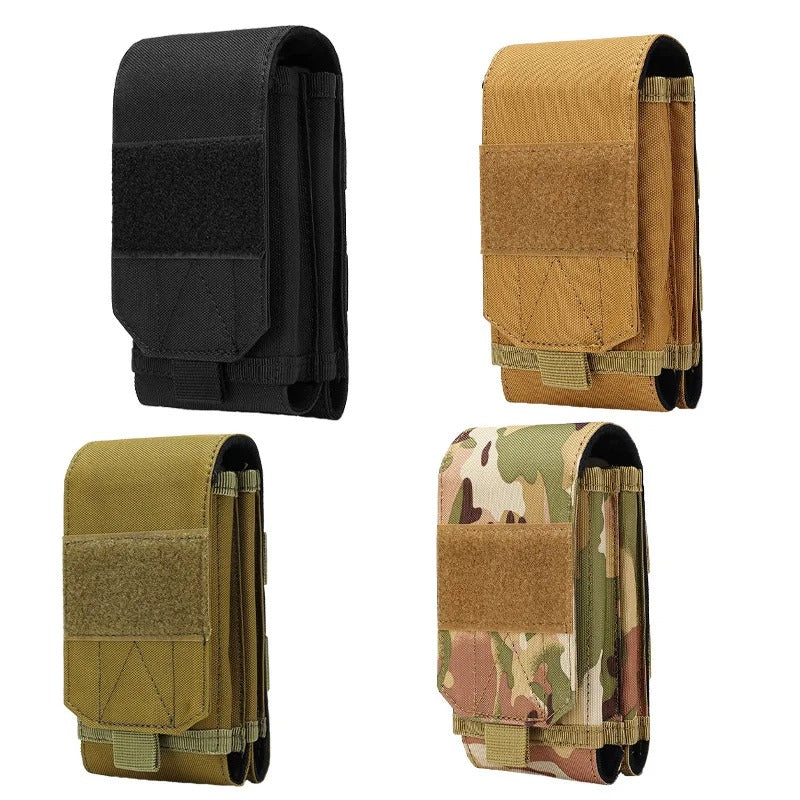 Black, brown, camouflage, and olive green mobile phone pouches — versatile MOLLE-compatible cases for phones, wallets, and small essentials, ideal for tactical and outdoor use.