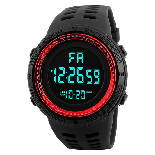 Military digital sports watch with black and red silicone strap, multifunction display, and waterproof design.