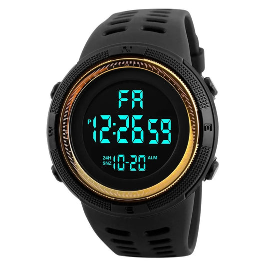 Military digital sports watch with gold silicone strap, multifunction display, and waterproof design.