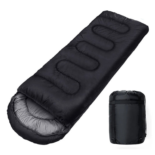 Black envelope-style 4-season sleeping bag with waterproof shell, breathable inner lining, and compression sack — ideal for camping, hiking, backpacking, and all-weather outdoor use.
