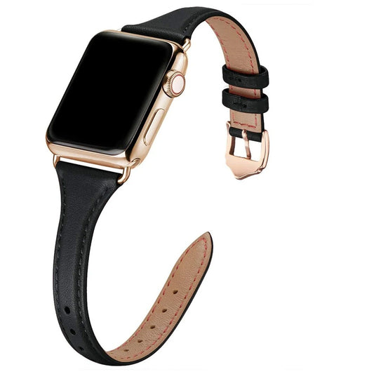 Slim black leather Apple Watch strap with rose gold hardware and classic pin buckle.