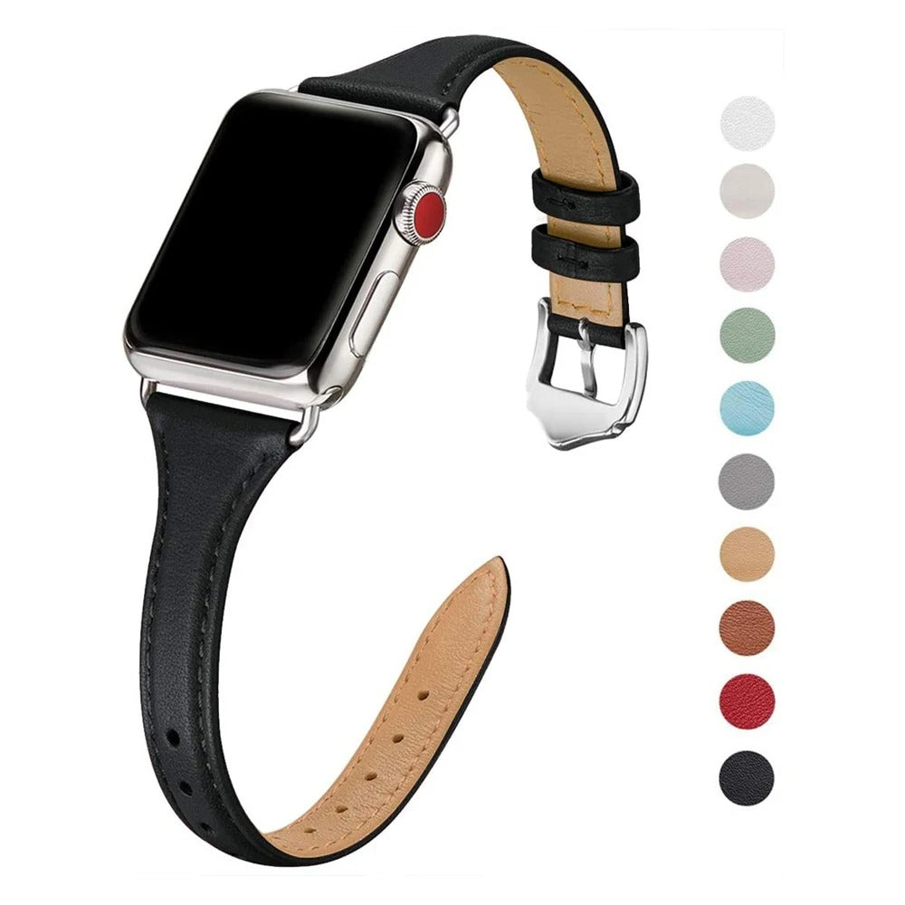 Elegant black leather Apple Watch strap with silver hardware and classic pin buckle.