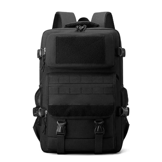 Black Men's Classic Tactical Backpack – Front view showcasing the rugged Oxford fabric and tactical design.
