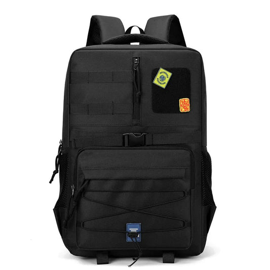 Black Men's Classic Tactical Backpack – Front view showcasing the rugged Oxford fabric and tactical design.