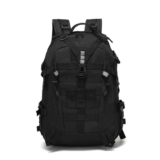 Black military backpack featuring rugged MOLLE webbing, spacious compartments, and ergonomic straps — designed for tactical operations, hiking, and daily gear carry.
